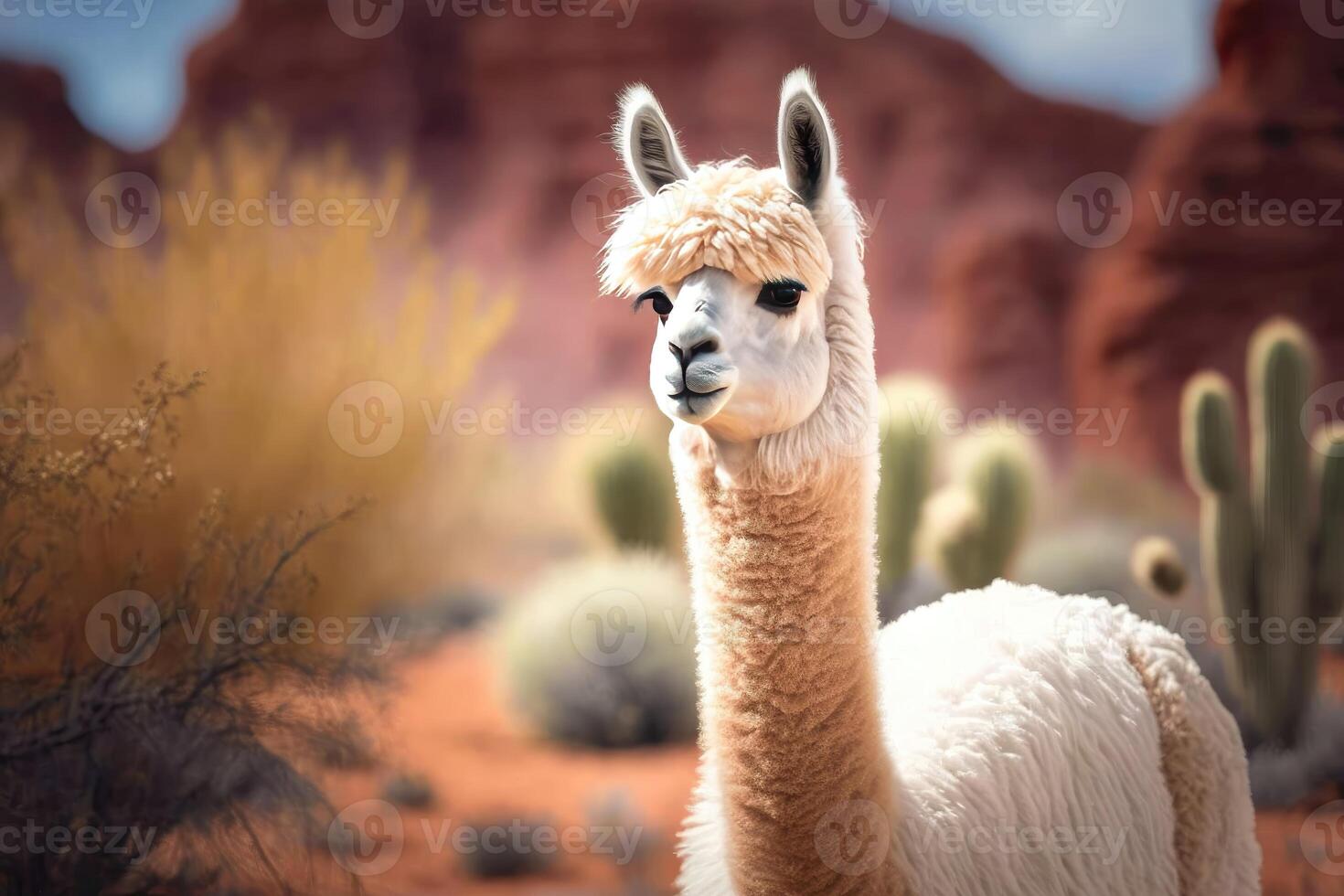 Alpaca has long neck nature background. photo