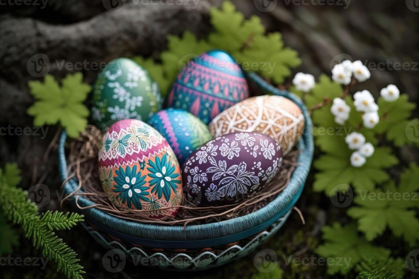 Colorful easter eggs in basket at nature background. Patterned on eggs. photo