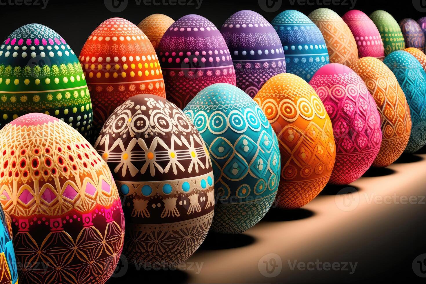 Colorful easter eggs one in a row. Patterned on eggs. photo