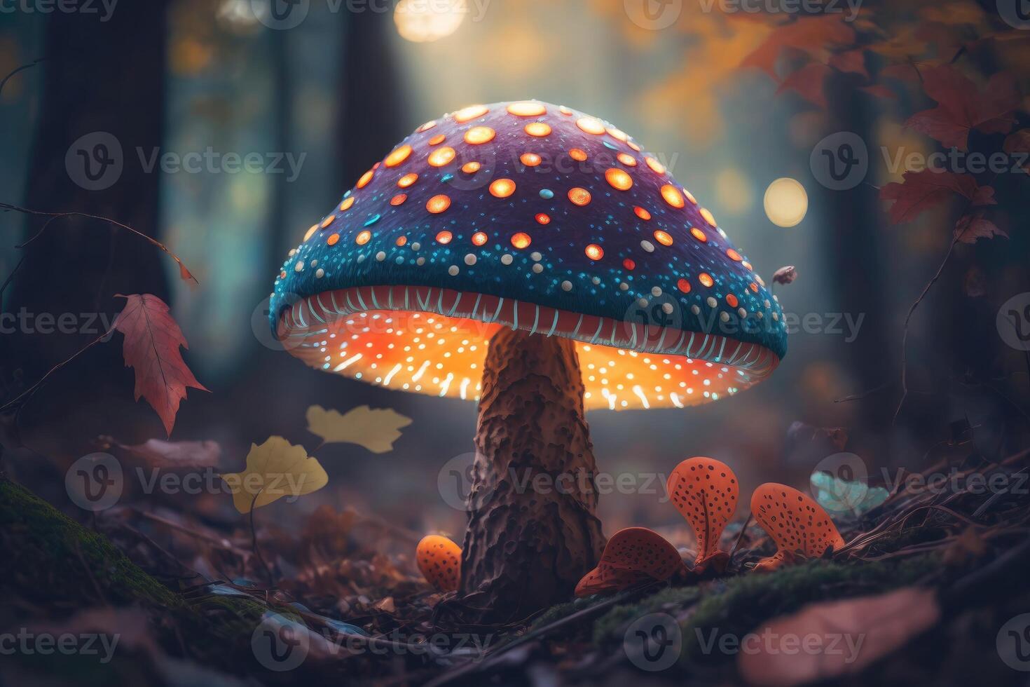 Magic mushroom in the forest colorful background. photo