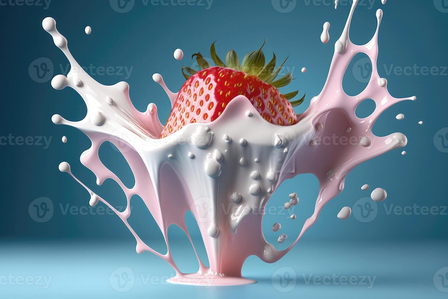 Strawberry falling into splashing milk or yogurt splash. photo
