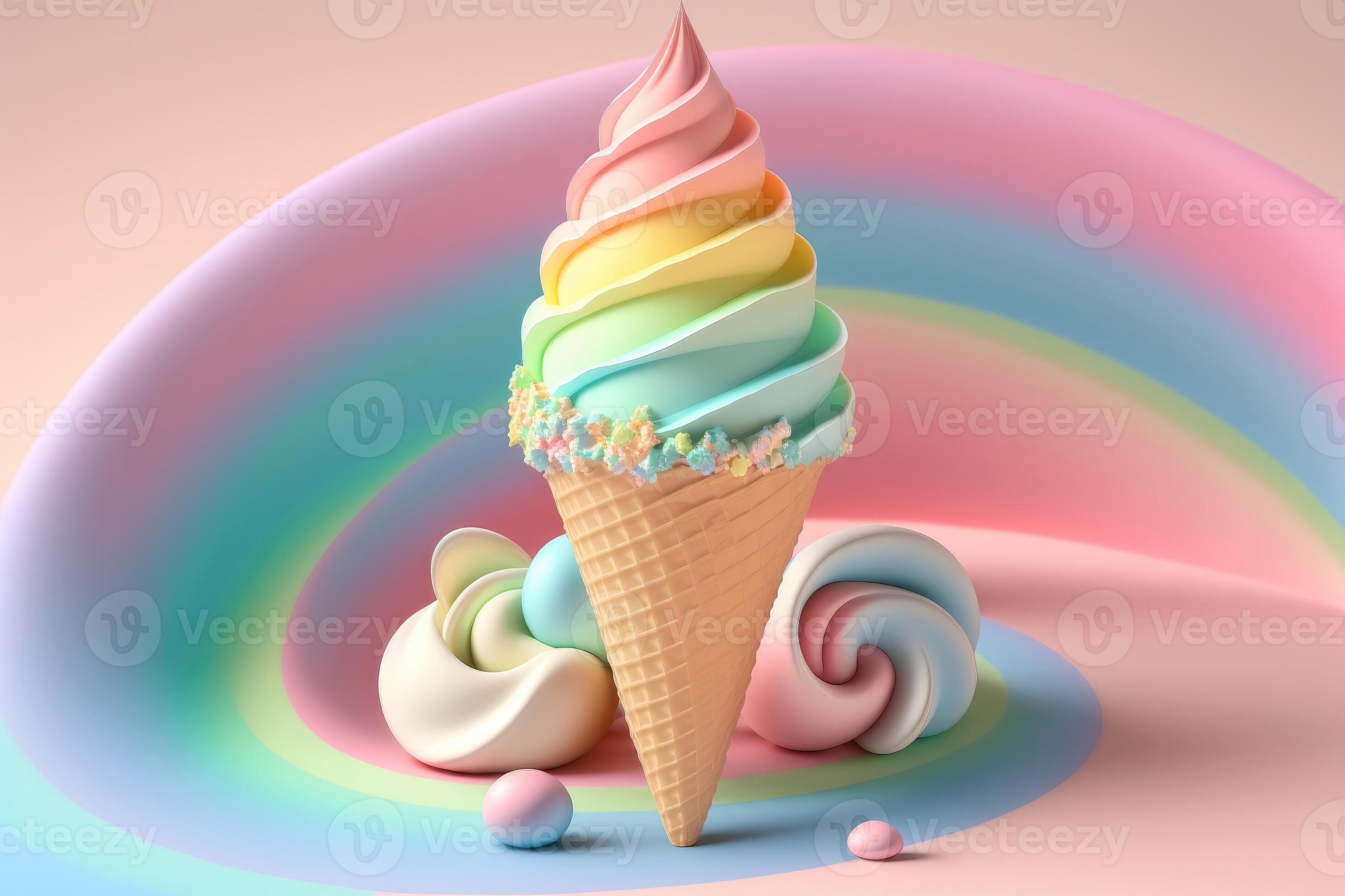 AI Generated 3D rainbow ice cream cone in pastel background 23373533