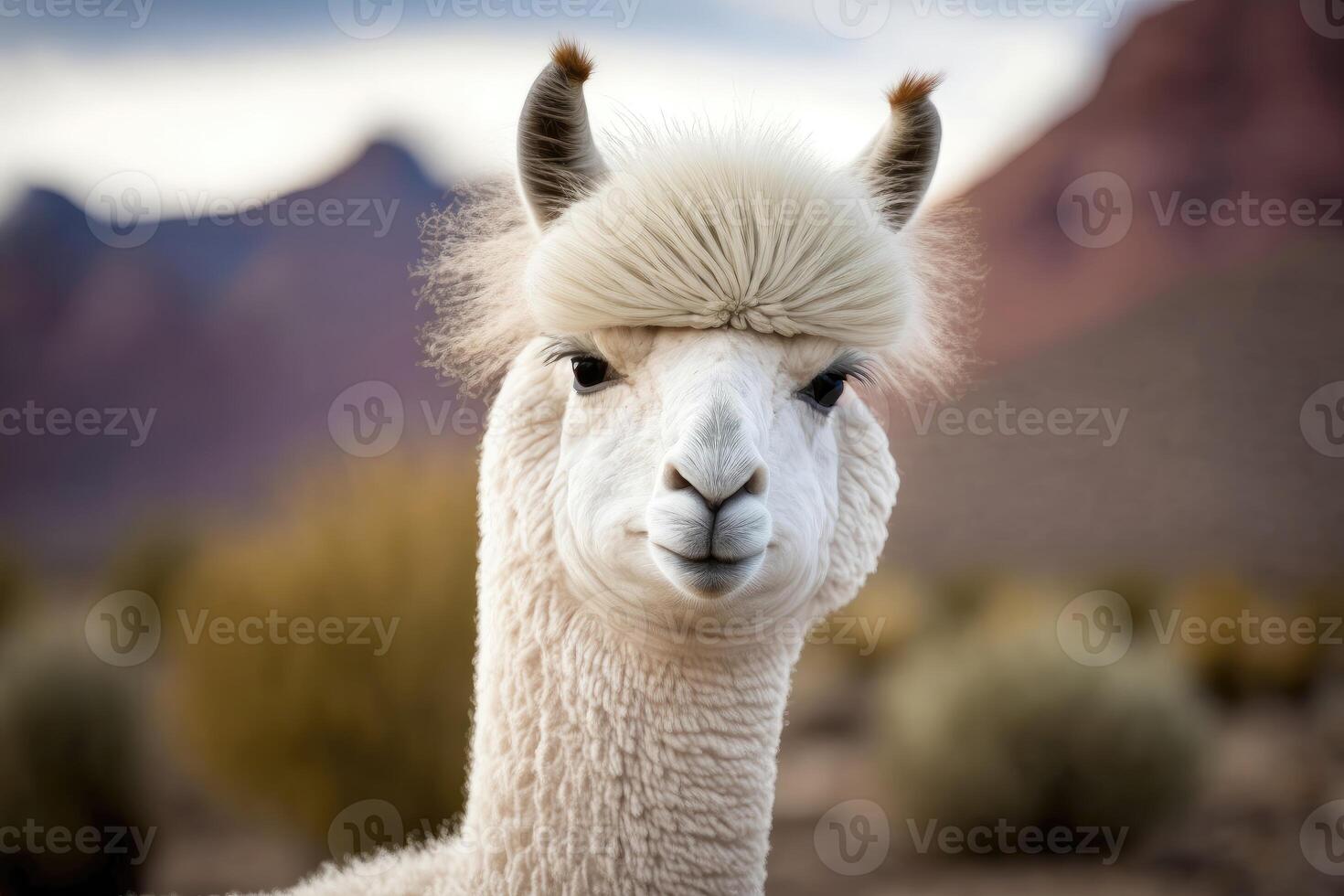 Alpaca has long neck nature background. photo