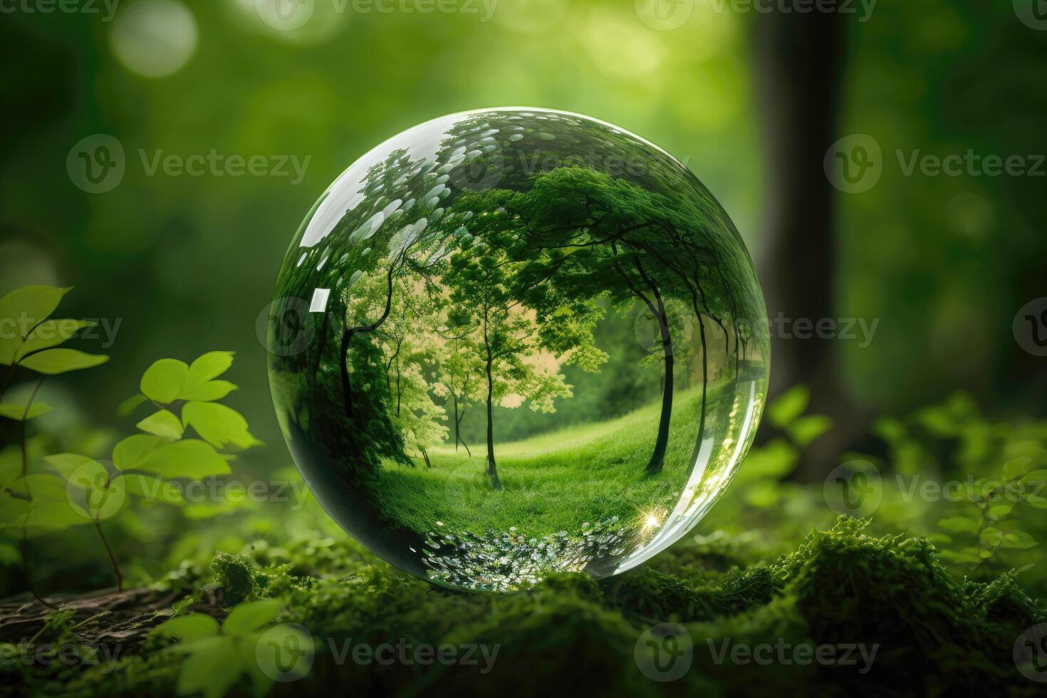 Green glass world sphere in natural background. photo