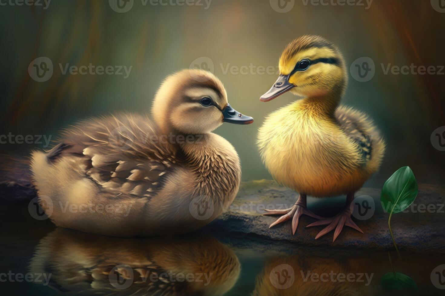 Two ducklings sit side by side in love. photo