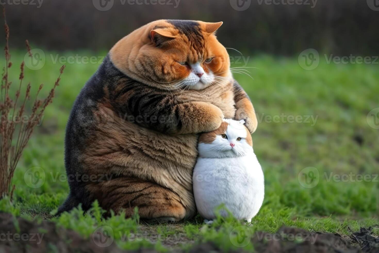 Cute fat cat hugs fat cat in nature background. photo