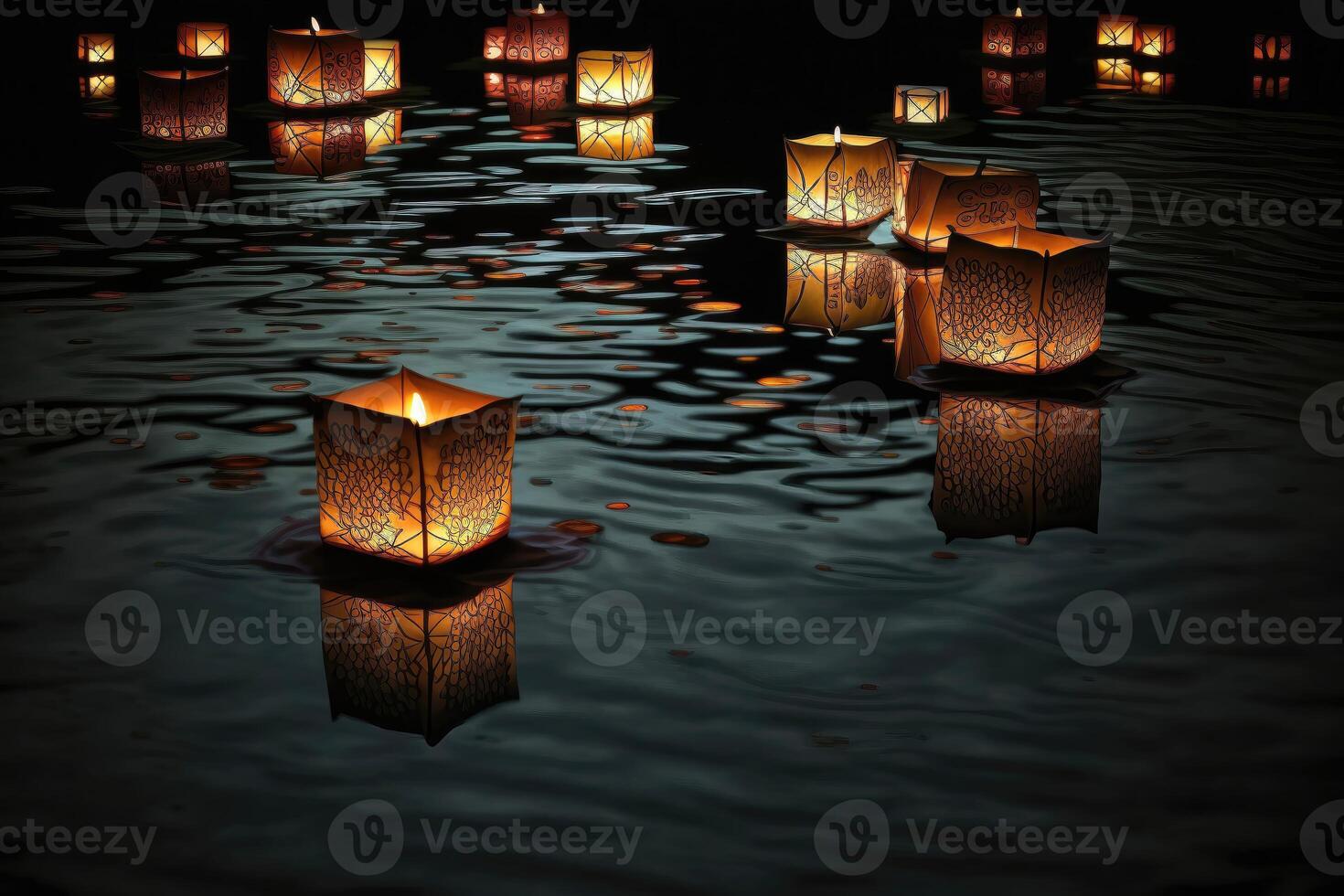 AI Generated Paper lanterns float on dark water. Traditional floating