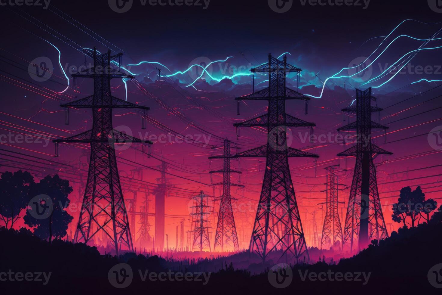 ai generado electricidad transmisión torres con brillante alambres en contra azul cielo. foto