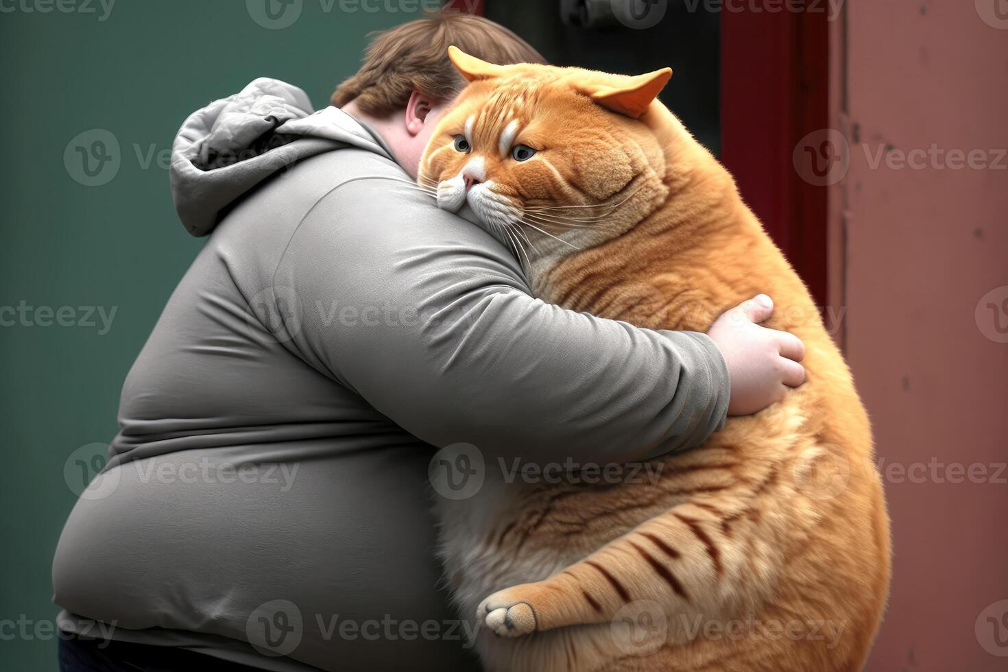 Cute fat cat hugs fat man in nature background. photo