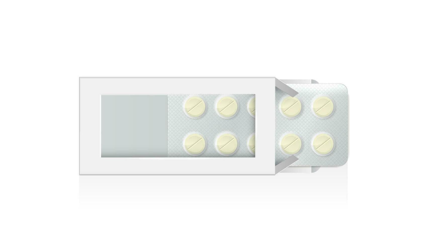 médico drogas en abierto blanco caja. realista burlarse de arriba de farmacia paquete, redondo y oval pastillas y tabletas en blanco caja de cartón paquetes modelo de medicamentos envase. vector diseño.
