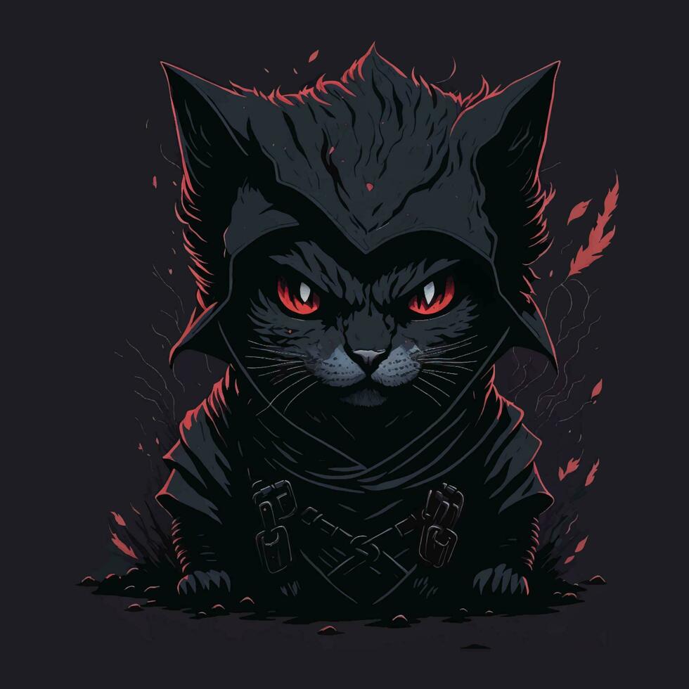ninja gato ilustración cara mal para camiseta diseño estilo rojo color con elemento oscuro magia chapoteo oscuro pastel colores fantasía Arte vibraciones digital pintura vector