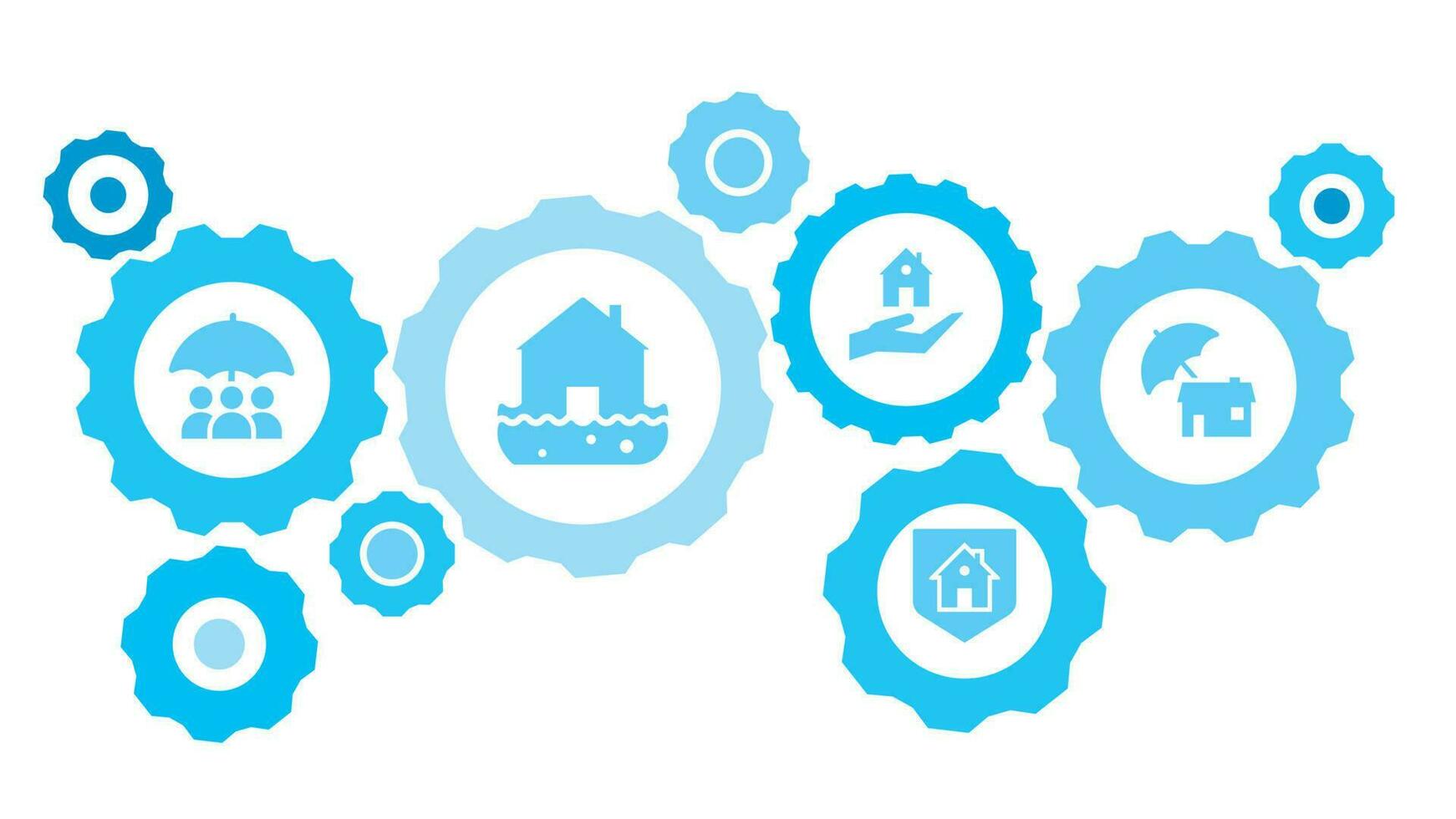 Connected gears and icons for logistic, service, shipping, distribution, transport, market, communicate concepts. Home, house, insurance, property gear blue icon set. vector