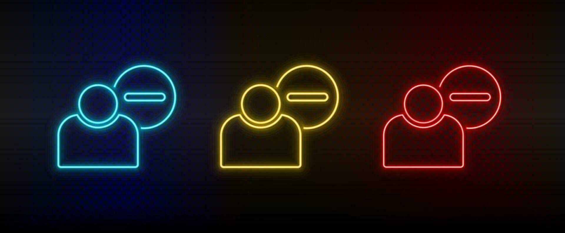 Neon icon set delete, user. Set of red, blue, yellow neon vector icon on dark.