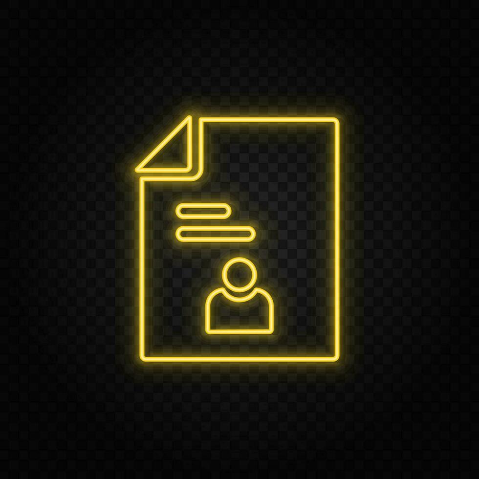 applicant, candidate, job yellow neon icon .Transparent background. Yellow neon vector icon