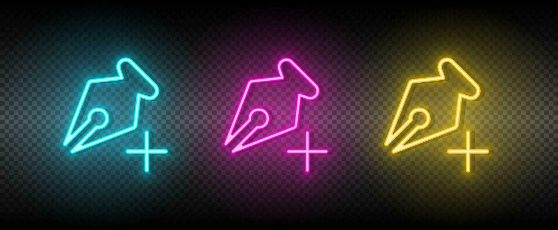 add, anchor, pen vector icon yellow, pink, blue neon set. Tools vector icon on dark.