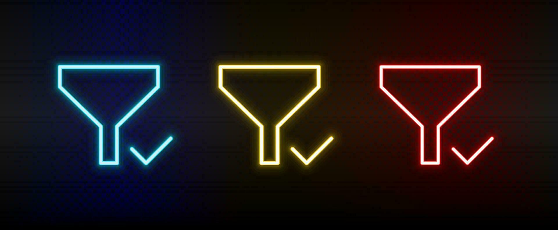 check, filter neon icon set. Set of red, blue, yellow neon vector icon on dark.