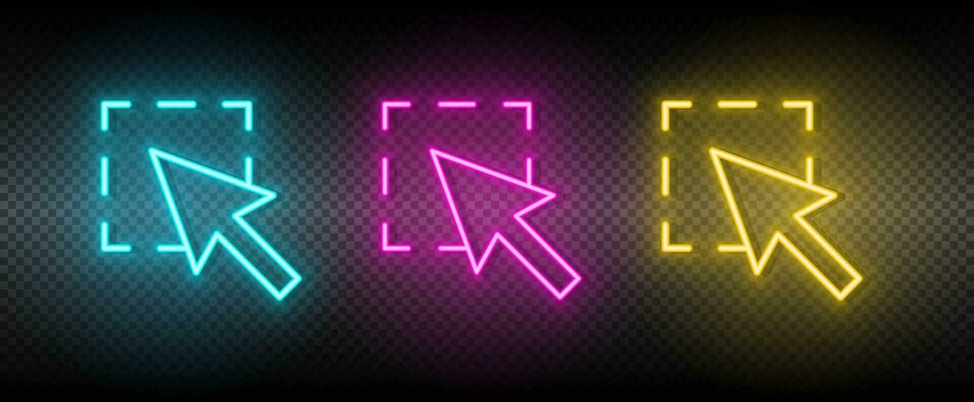 cursor, select vector icon yellow, pink, blue neon set. Tools vector icon on dark.