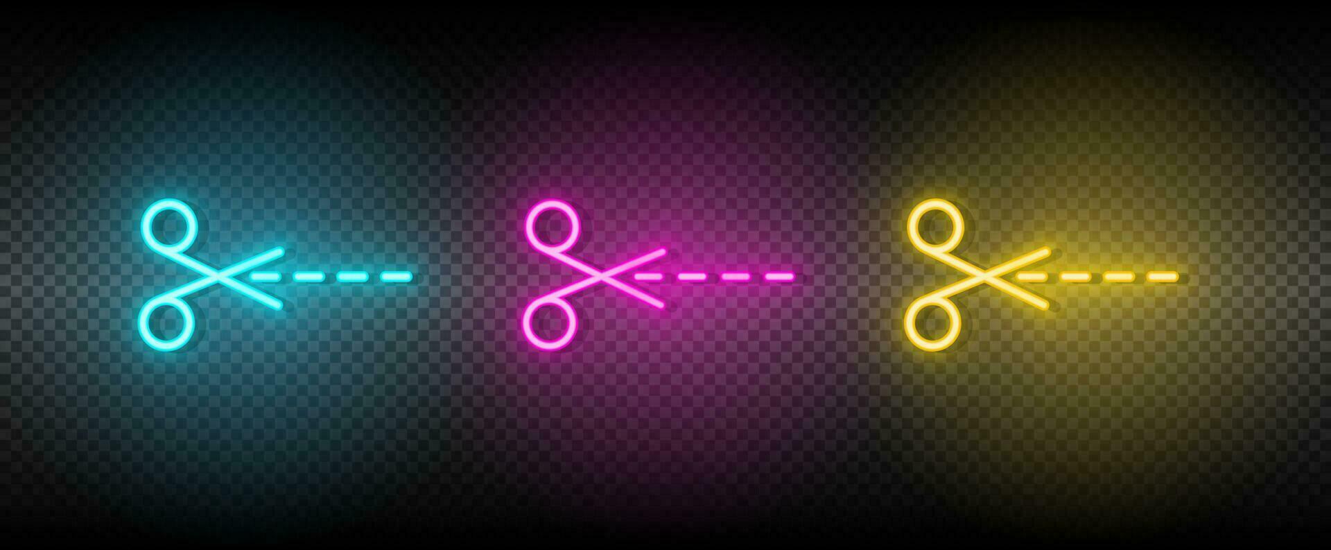 crop, scissors vector icon yellow, pink, blue neon set. Tools vector icon on dark.