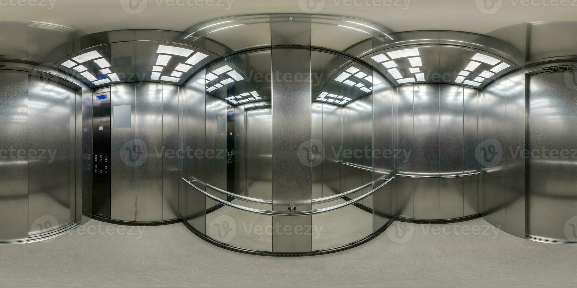 360 hdri panorama dentro interior de metal Servicio ascensor levantar habitación con espejo en equirrectangular esférico sin costura proyección, vr contenido foto