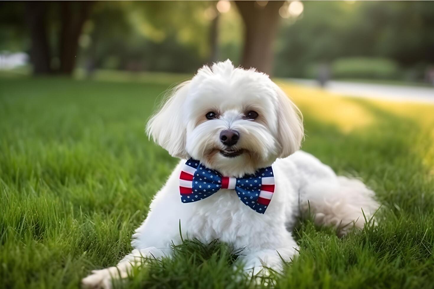 White fur cute puppy sitting in garden with american flag usa independence day photo