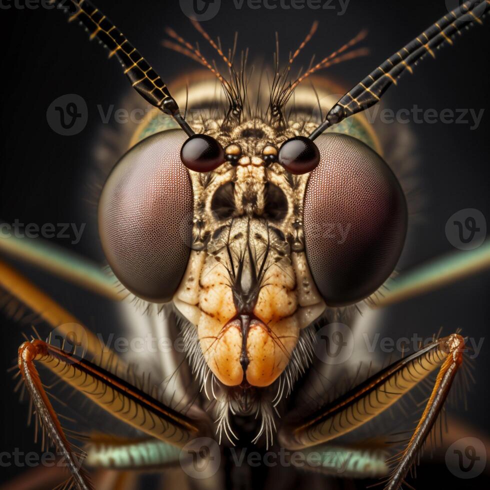 de cerca macro fotografía de continuar mosca casa mosca moscas insectos ai generativo foto