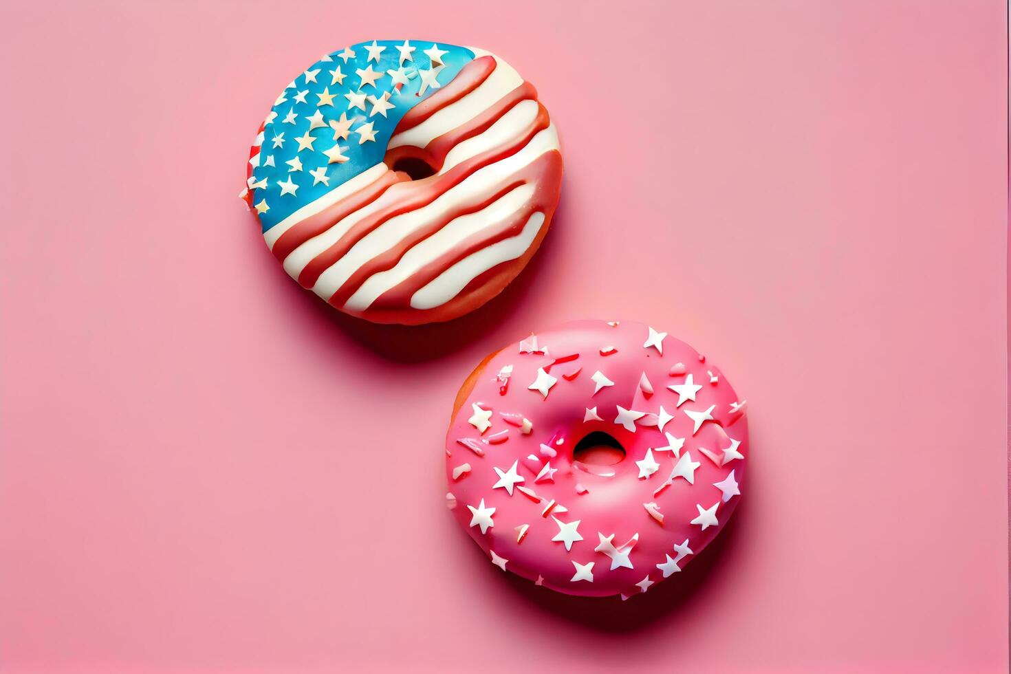 pequeño americano bandera atascado en rosquillas en rosado antecedentes. 4to de julio, Estados Unidos independencia día. celebracion monumento día en America ai generativo foto