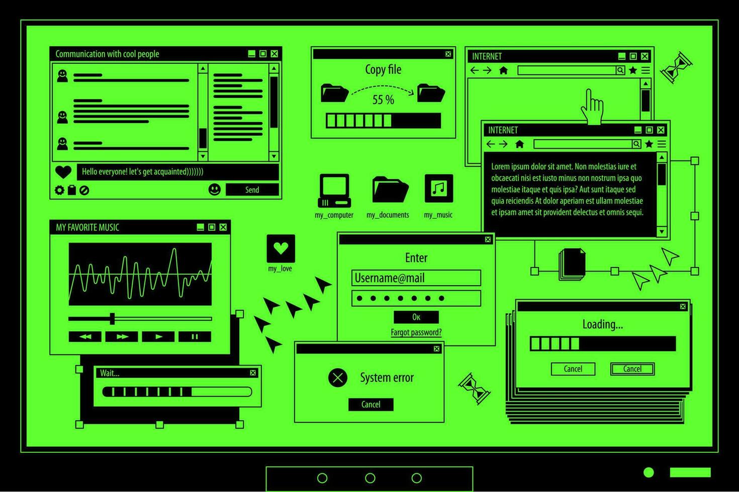 The screen of an old retro PC in the y2k style. Retro wave and vaporwave background. Bright vintage computer interface vector