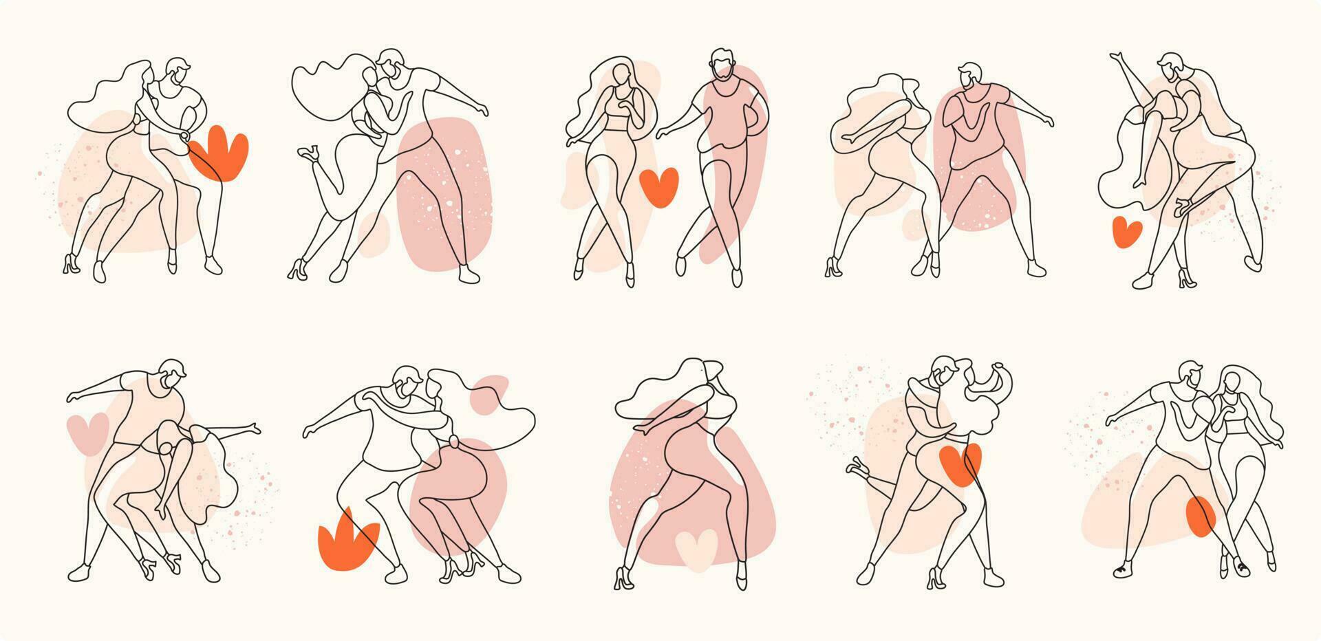 A set of beautiful couples. Lovers dance bachata, salsa. Gentle line art with spots. Minimalism vector