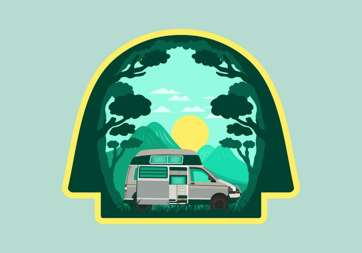 Colorful illustration badge of campervan in nature vector