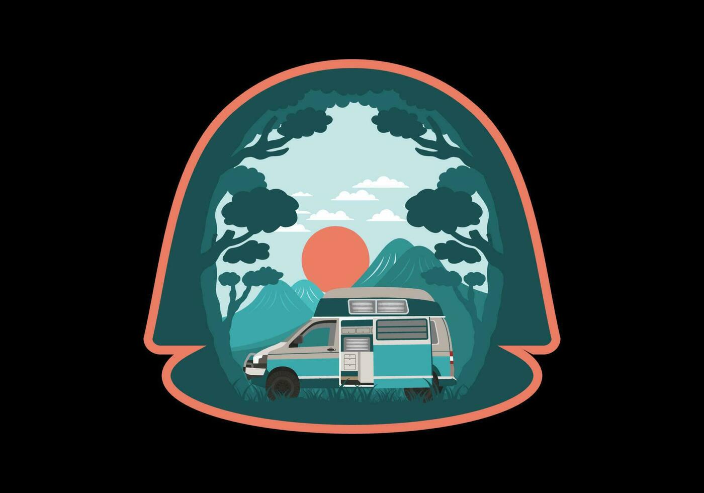 Colorful illustration badge of campervan in nature vector
