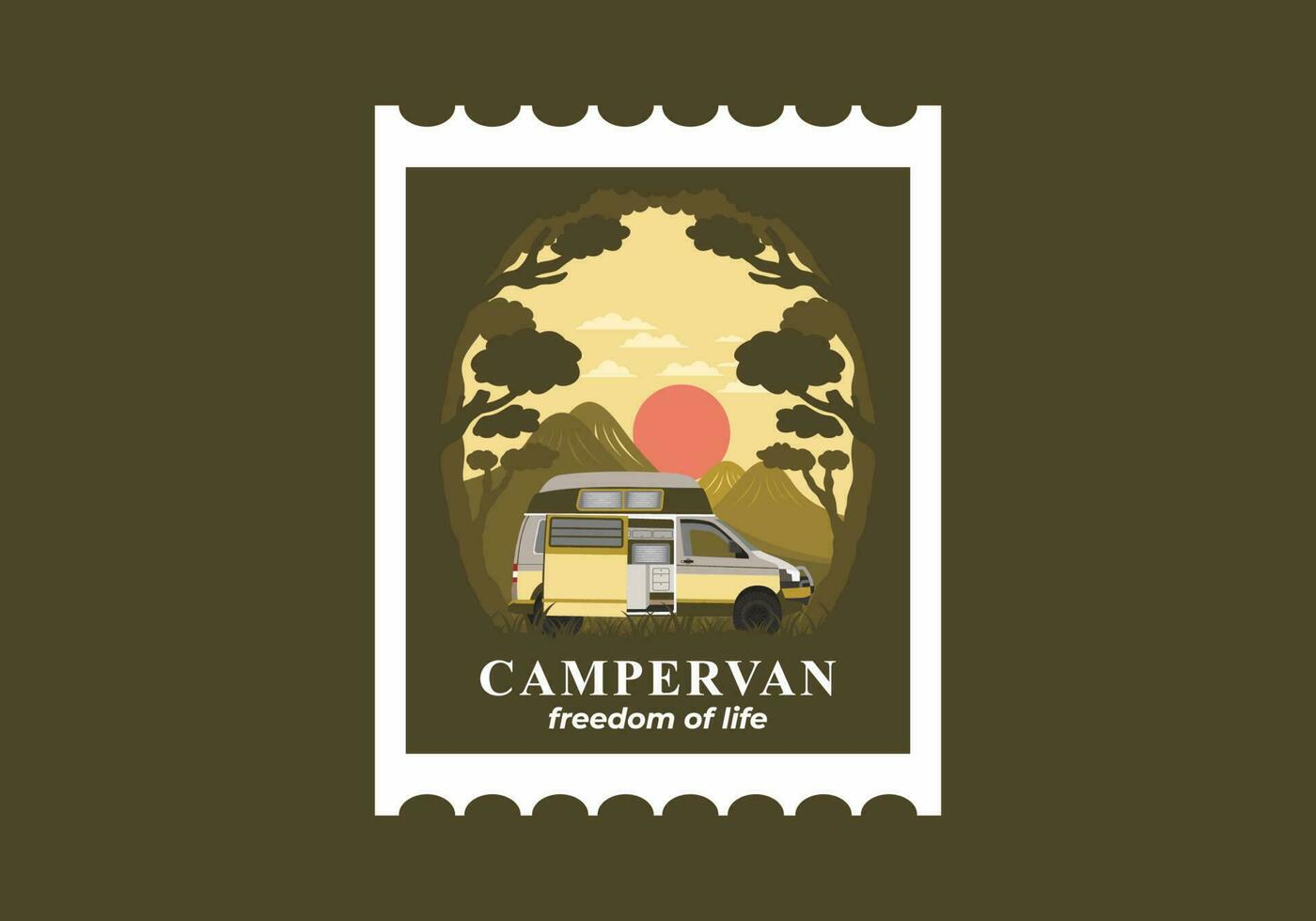 Colorful illustration badge of campervan in nature vector