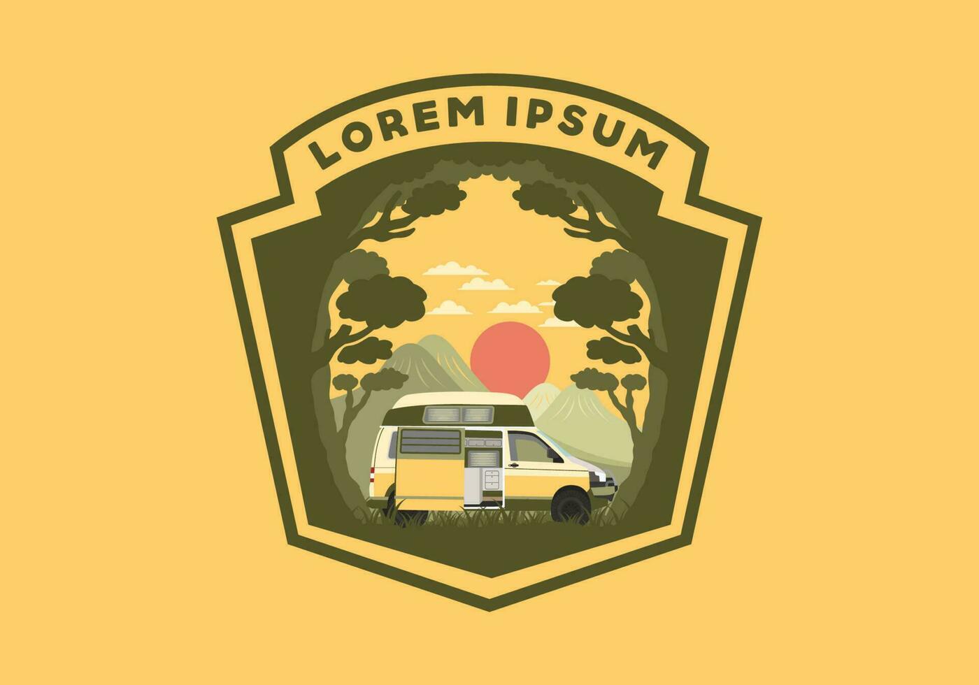 Colorful illustration badge of campervan in nature vector