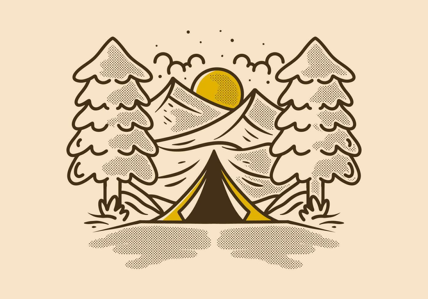 Triangle camping tent between two big pine trees design vector