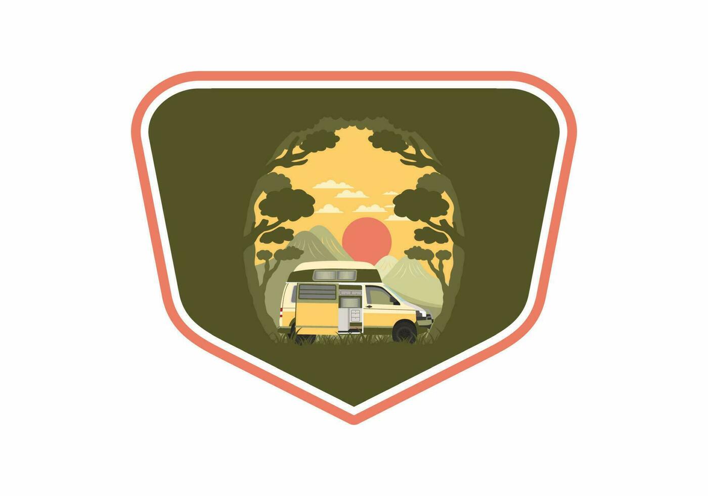 Colorful illustration badge of campervan in nature vector