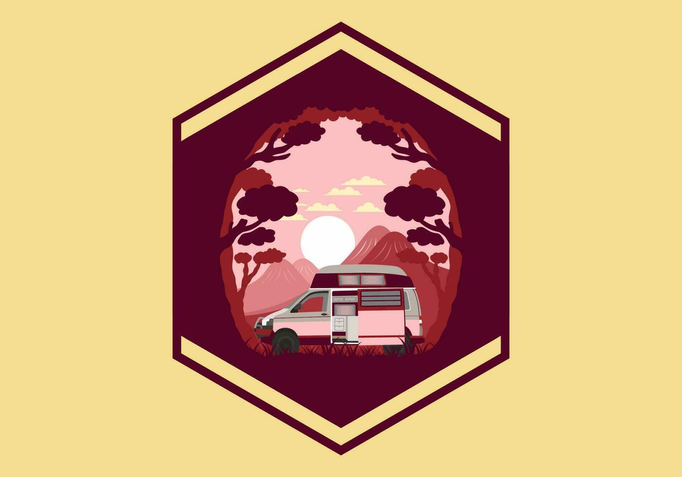 Colorful illustration badge of campervan in nature vector