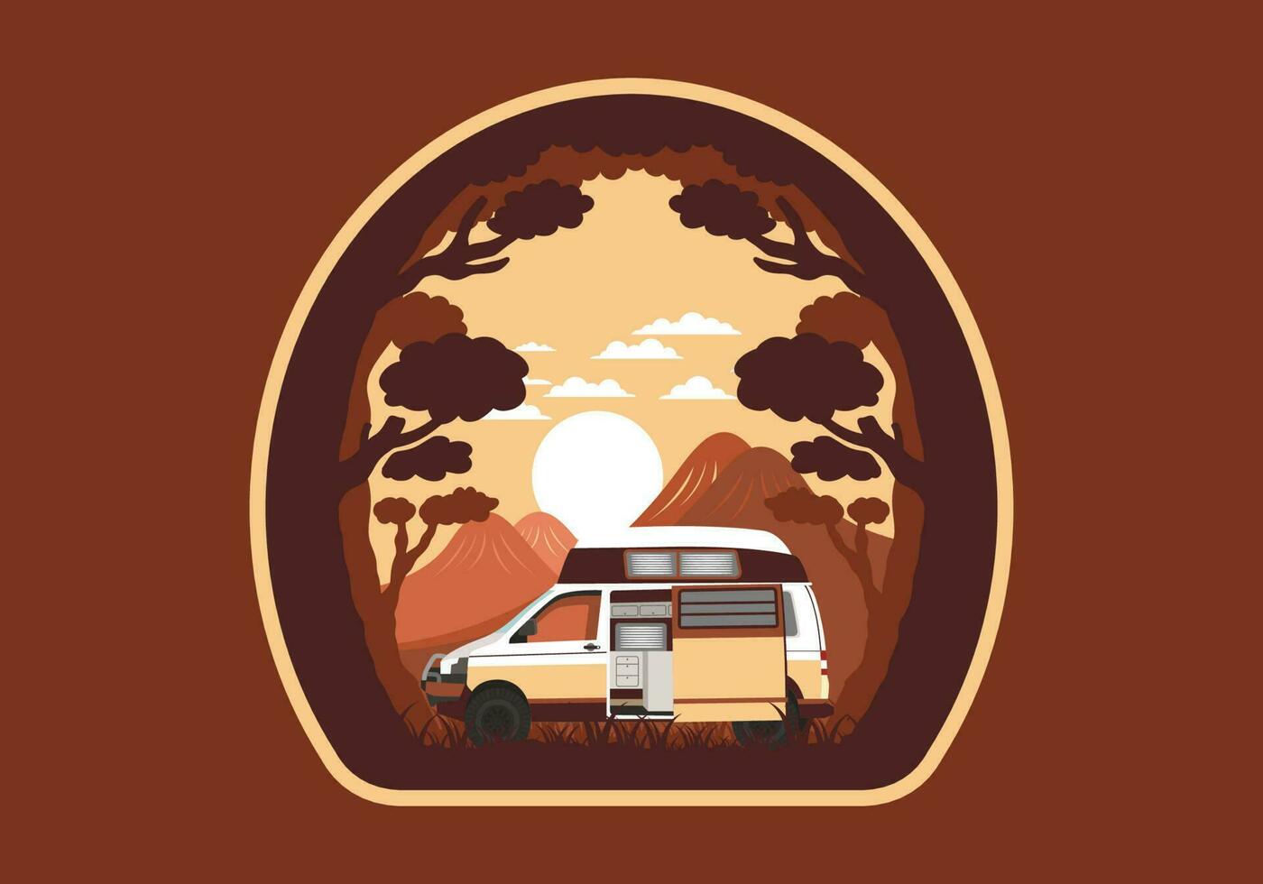 Colorful illustration badge of campervan in nature vector