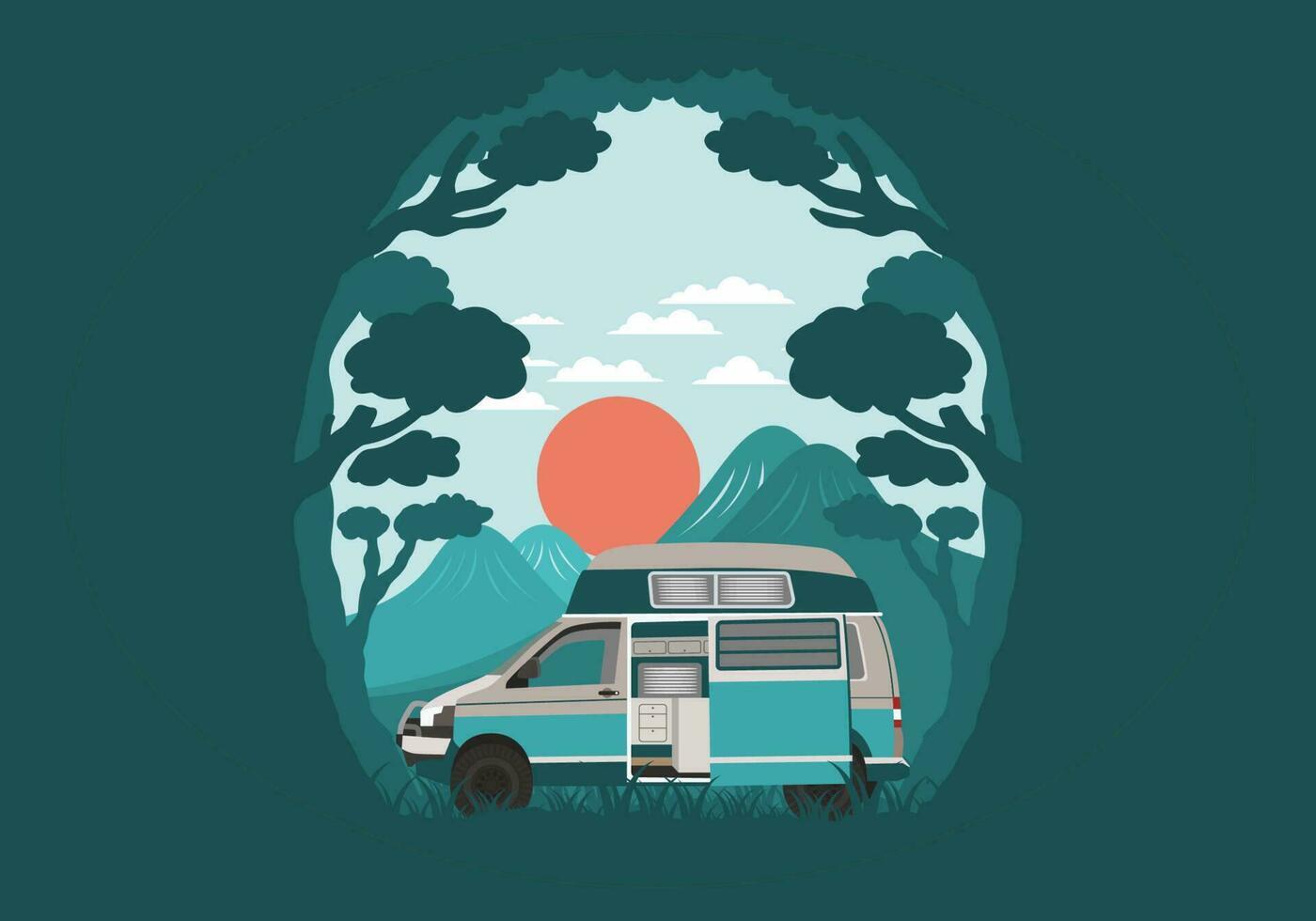 Colorful illustration badge of campervan in nature vector