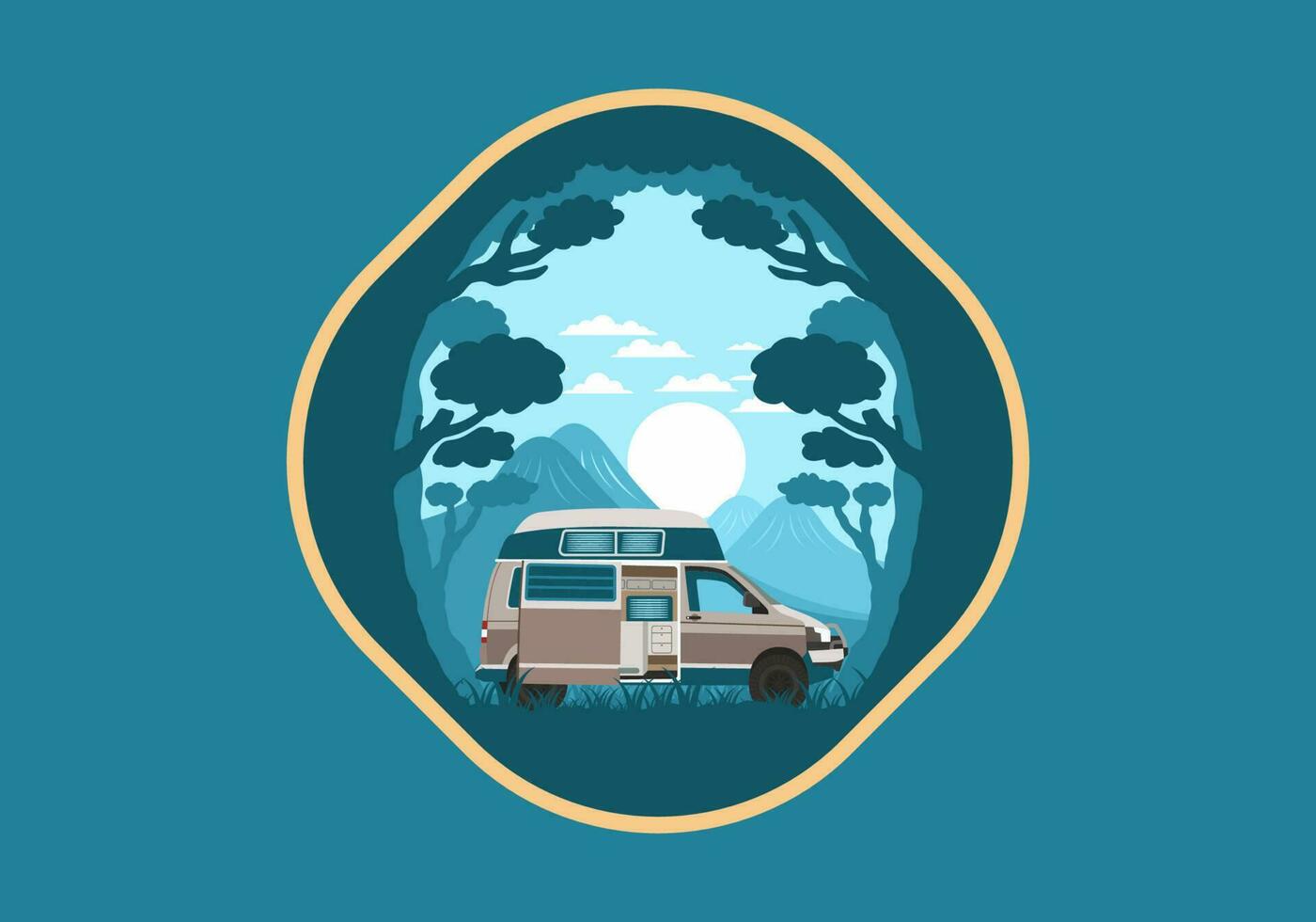 Colorful illustration badge of campervan in nature vector