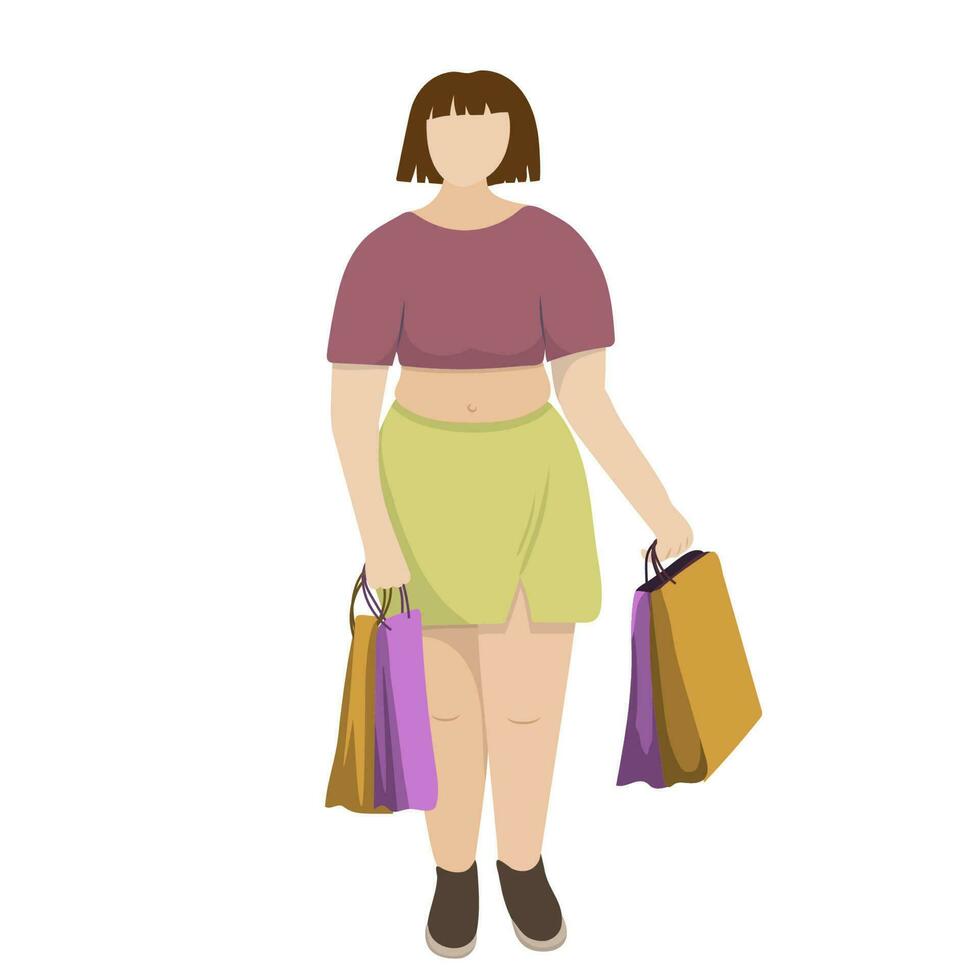 Plump woman with purchases in large packages. Shopping, sale. body positivity vector