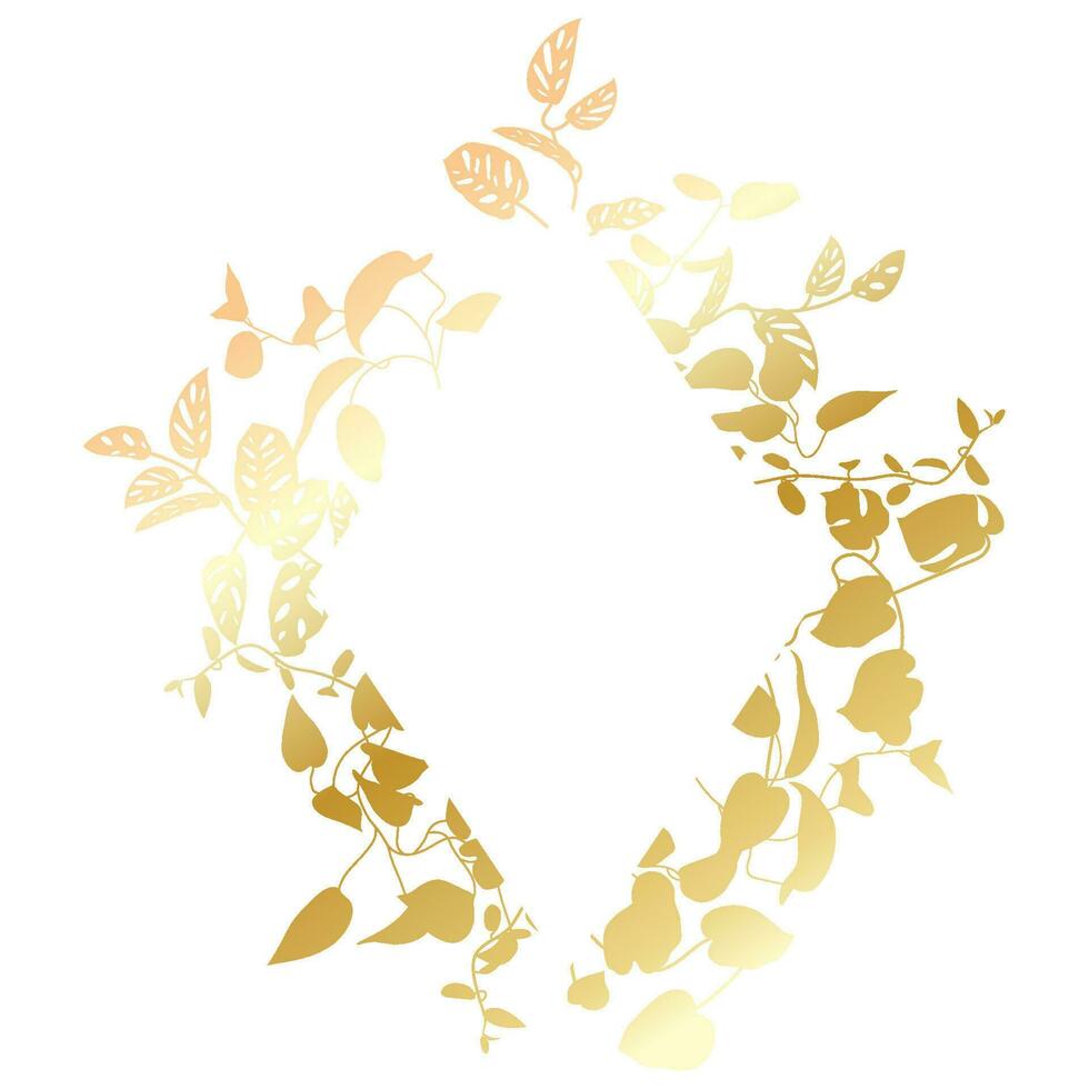 Trendy tropical gold leaves of different creepers with rhombus of white sheet. Card with exotic leaves frame. vector