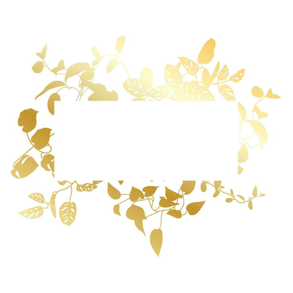 Trendy gold tropical leaves of different creepers with white sheet. Card with exotic liana leaves frame. vector