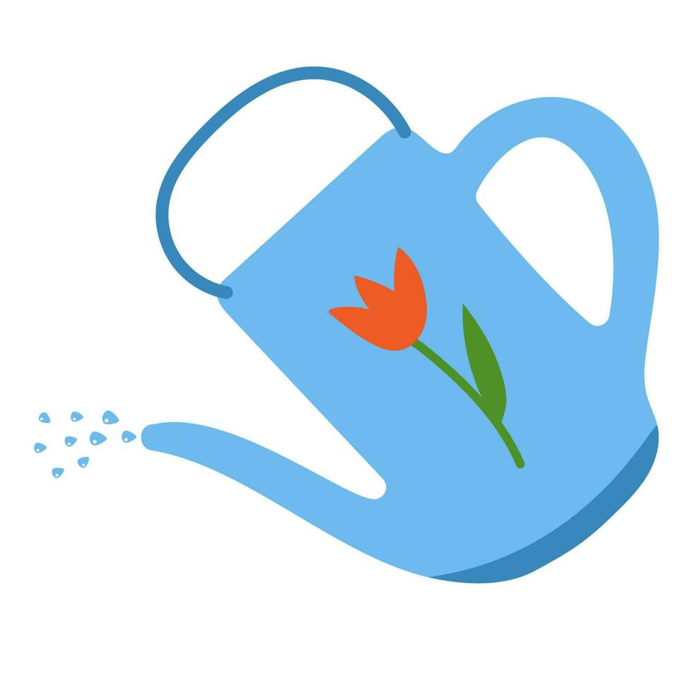Blue garden watering can with tulip. Watering plants. Gardening vector