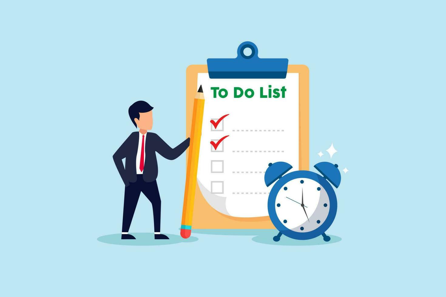 To do list, task management or completion tracking or reminder to finish assignment, work planning or schedule concept, productive businessman with pencil and to do list clipboard with alarm clock. vector