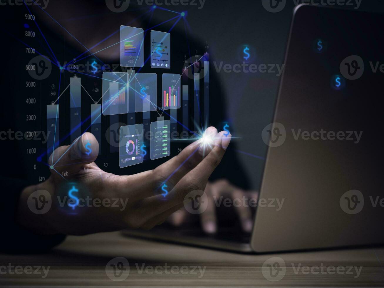 businessman working with business Analytics and Data Management System on computer, online document management and metrics connected to database. Corporate strategy for finance, operations, sales. photo