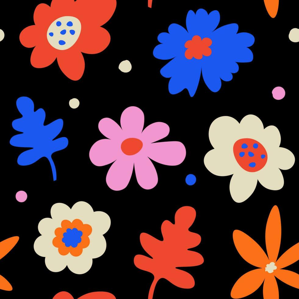 Abstract hand drawn quirky flowers. Colorful floral seamless pattern on a black background vector