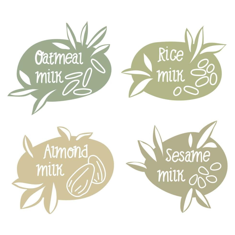 A set of labels for vegetable milk. Milk for vegetarians from varieties of grains and nuts. Milk without lactose. An alternative to dairy products. Template for banner, poster, printing, packaging. vector