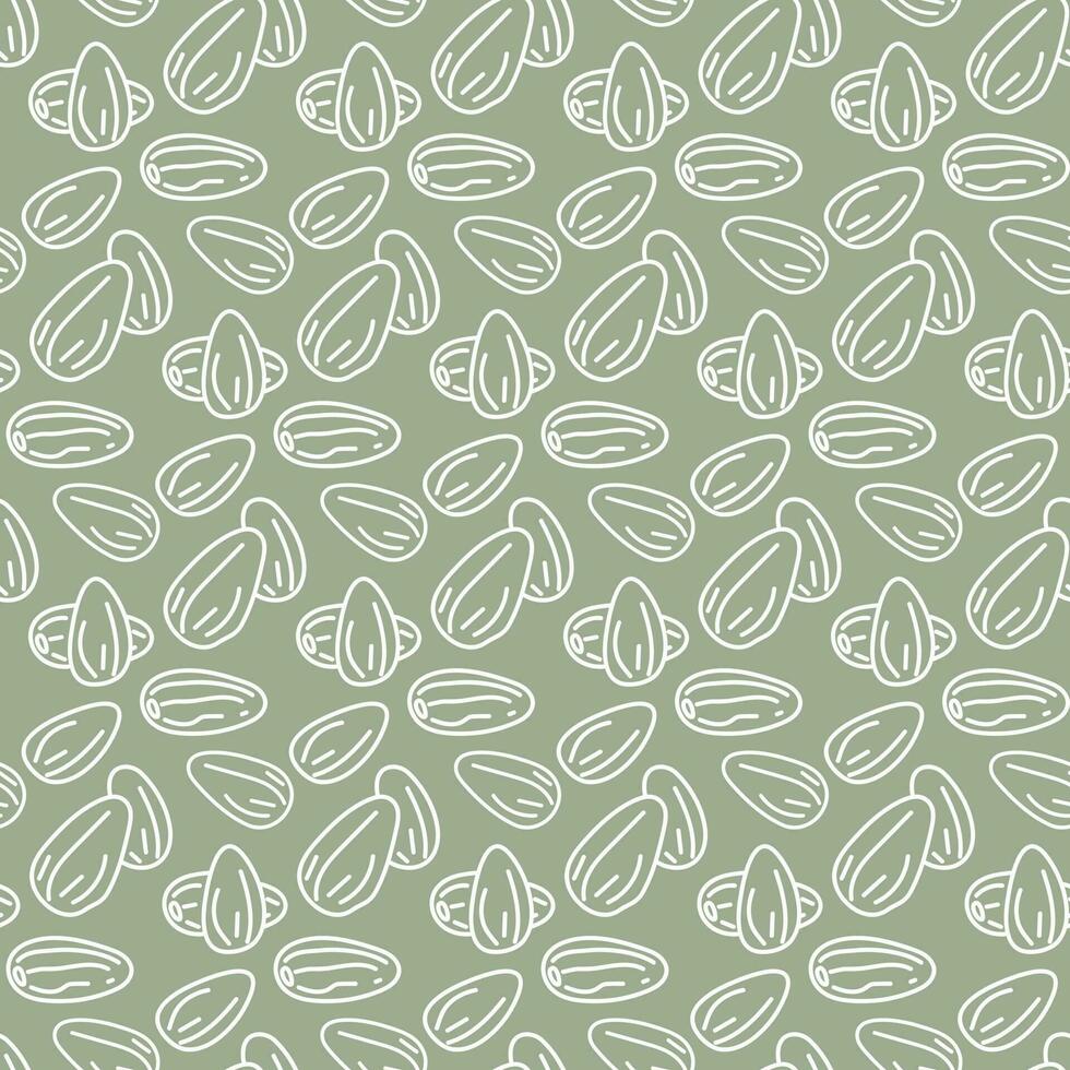 A pattern with contour sketches of almonds. The symbol is a doodle of nuts on a green background. Printing on textiles and paper background for packaging vegetable milk with almonds. A handful vector