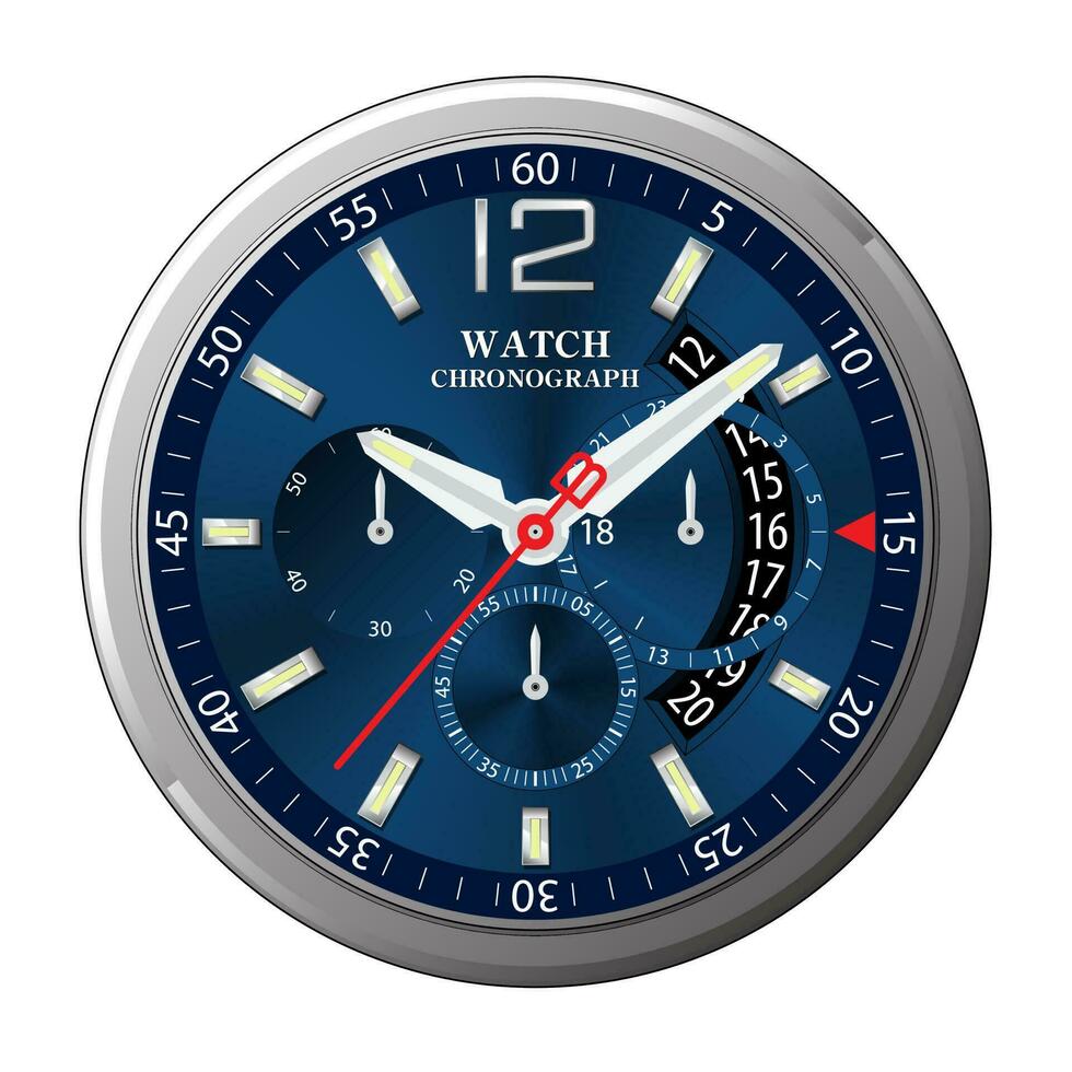 Realistic clock watch face chronograph silver blue on white background vector