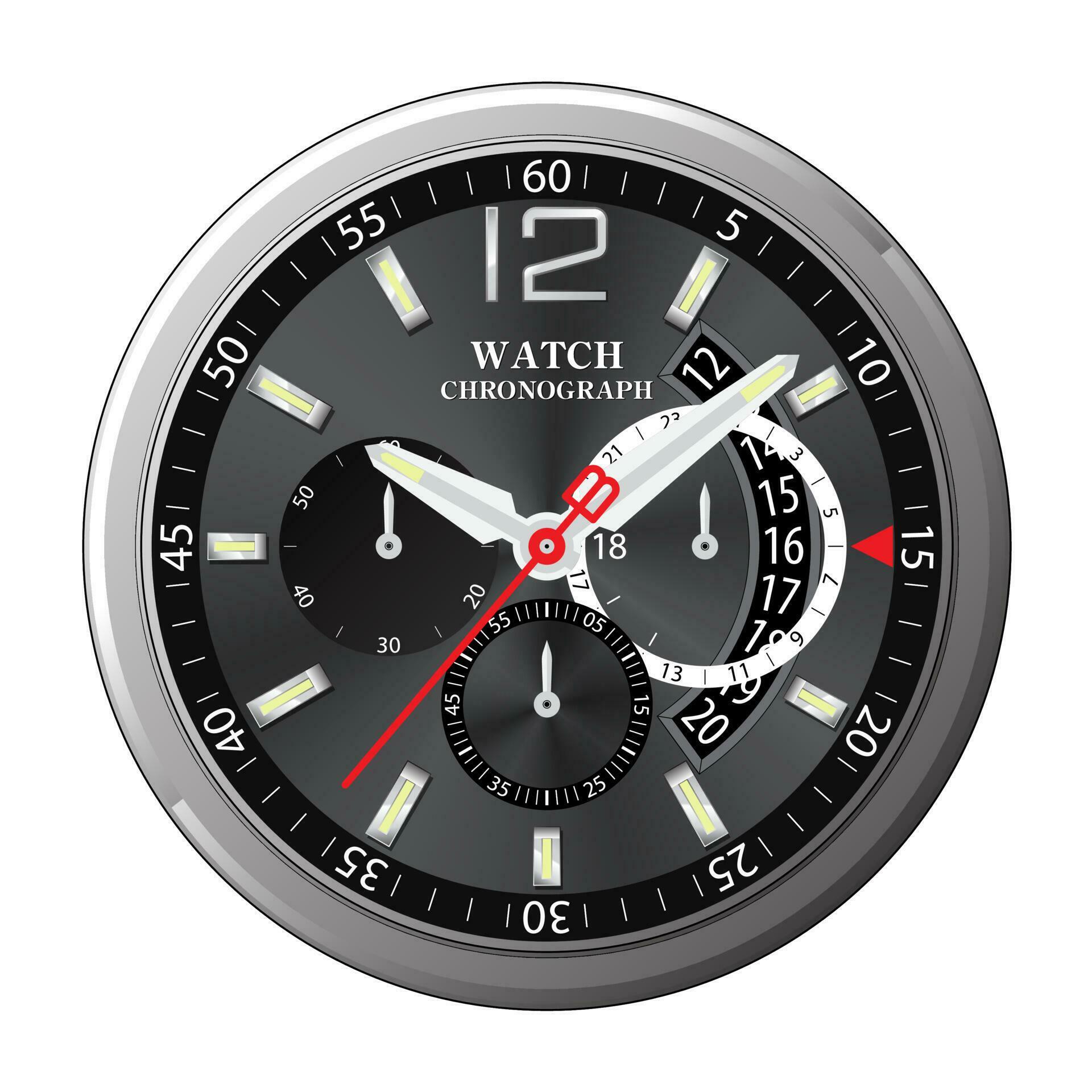 Realistic clock watch face chronograph dark silver on white background