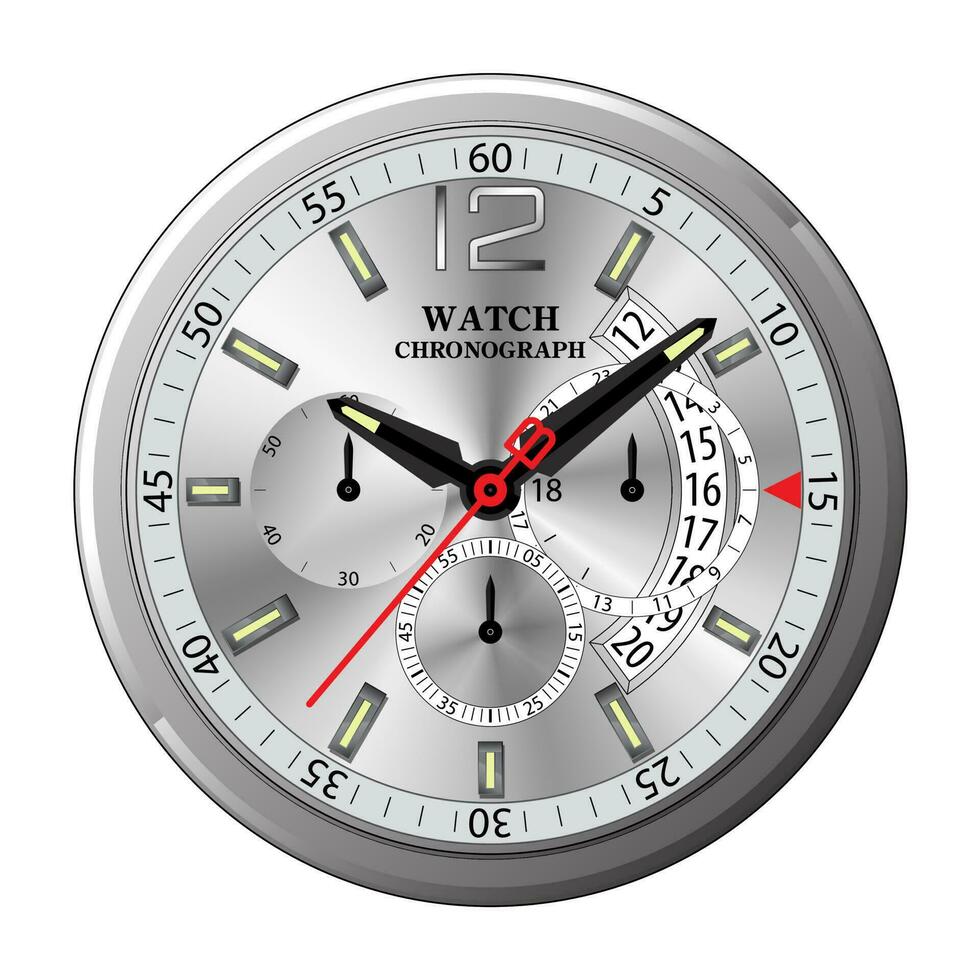 Realistic clock watch face chronograph silver on white background vector